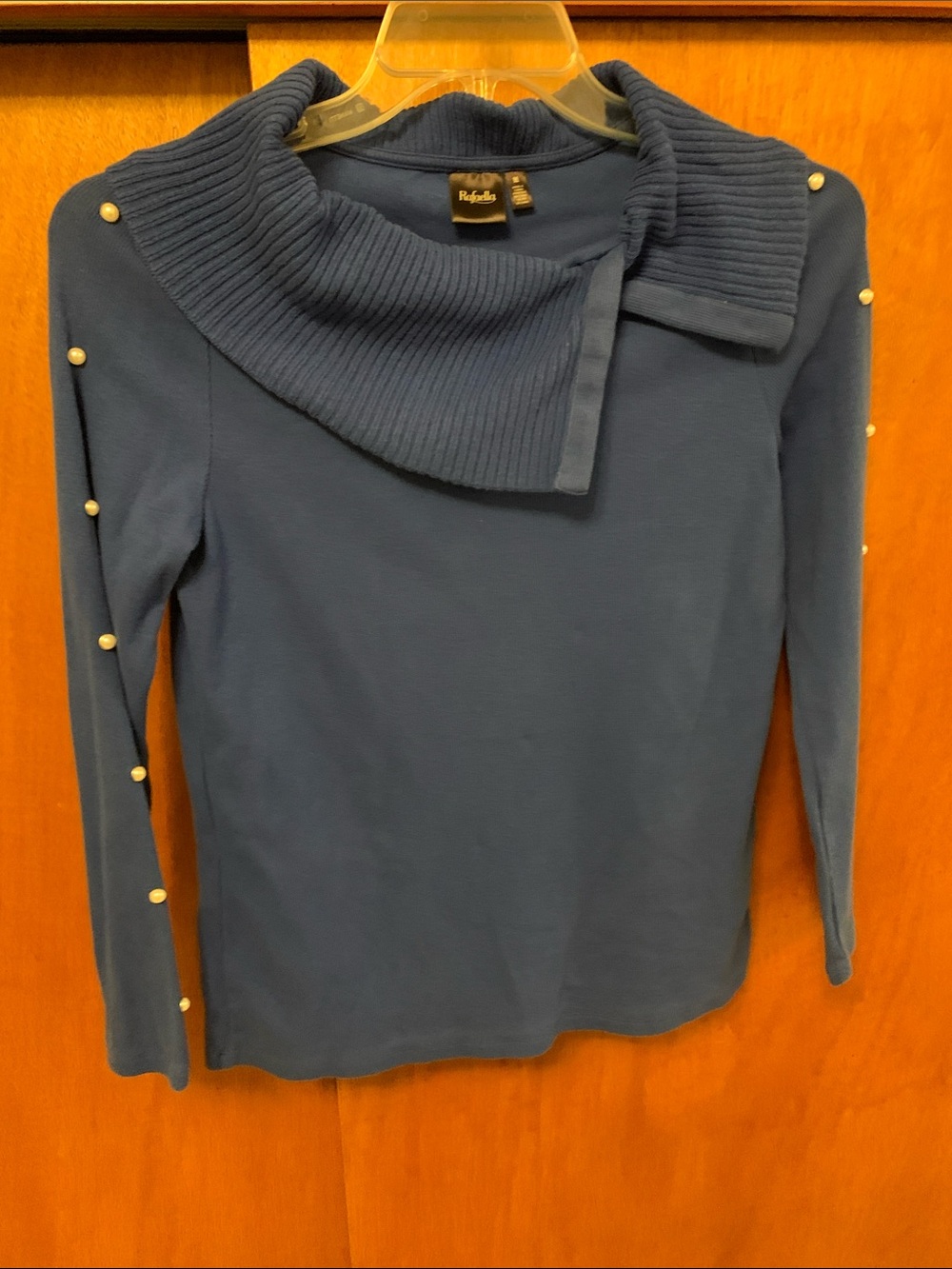 Rafaella Navy Ribbed Foldover Collar Top with Pearl Sleeve Buttons